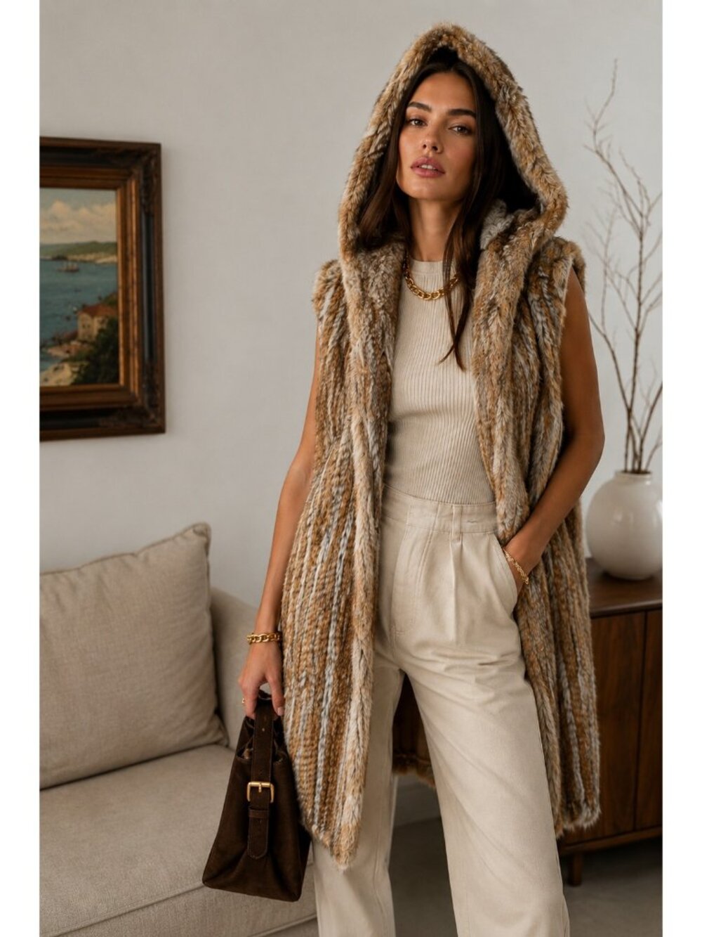 525 America Genuine Rabbit Fur Hooded Vest Women’s Long Sleeveless Coat Boho M - Picture 1 of 12